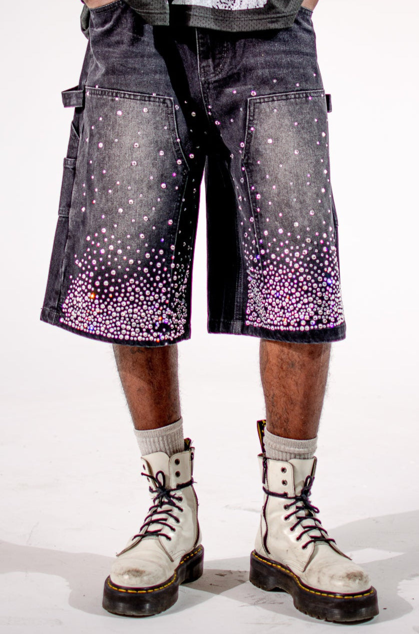 SECTION EIGHT (rhinestone black denim carpenter shorts)