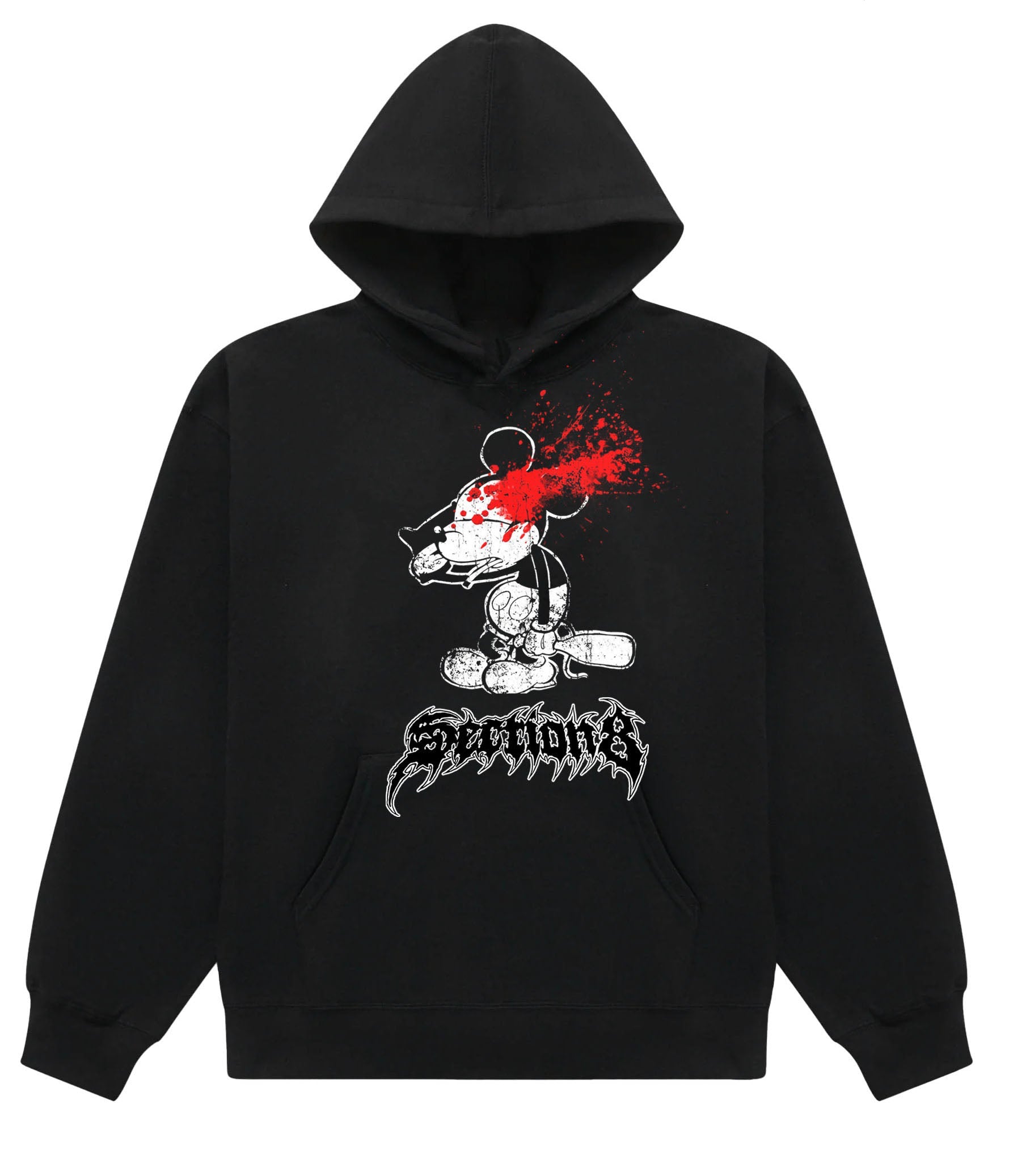 A black pullover hoodie featuring a graphic print of a cartoon character with a red splatter design and the word 'Section 8' in a gothic font below, shown on a plain white background.